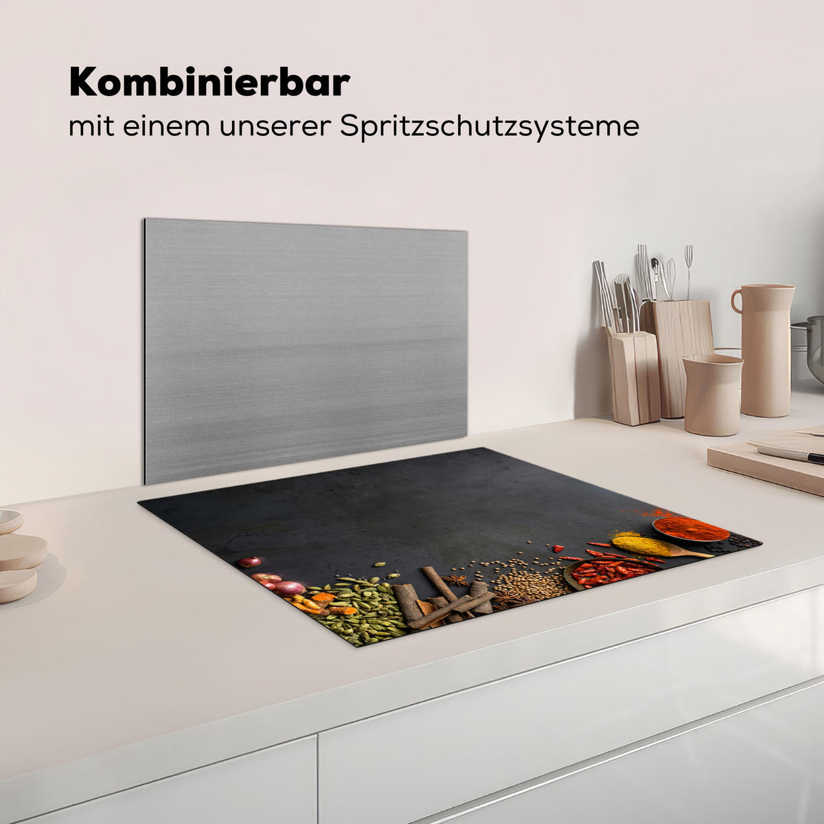 HERDABDECKPLATTE Kräuter - Lebensmittel - Gewürze - Schwarz - Paprika - Zimt Herdabdeckung Induktionsfeld 65x52 cm - Currygelb, Kunststoff (65/52/0.2cm) - MuchoWow