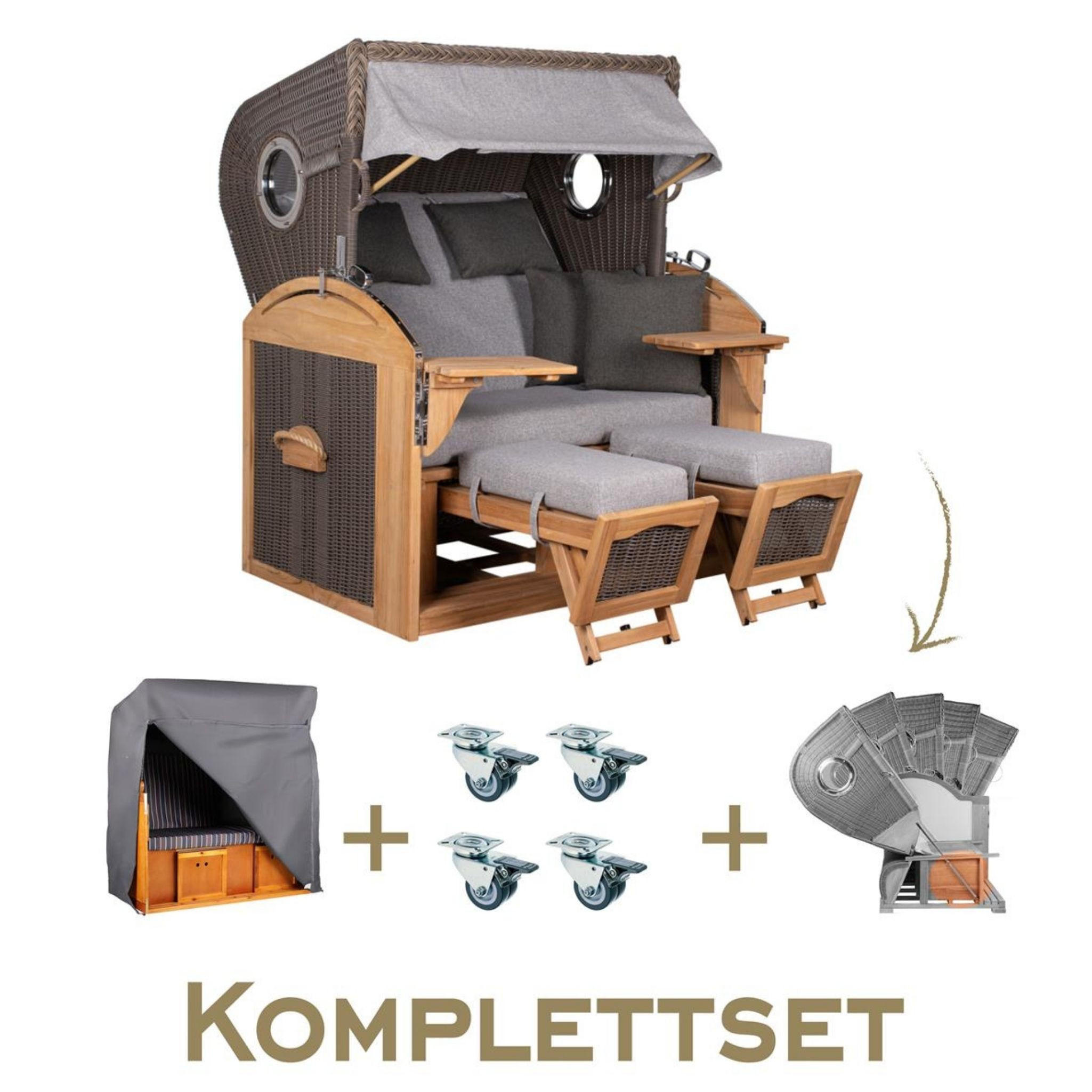 STRANDKORB Komplettset Schillig XL Teak Bullauge PE Grey Dessin 570 - Braun/Grau, Naturmaterialien/Metall (142/170/95cm) - Mr. Deko