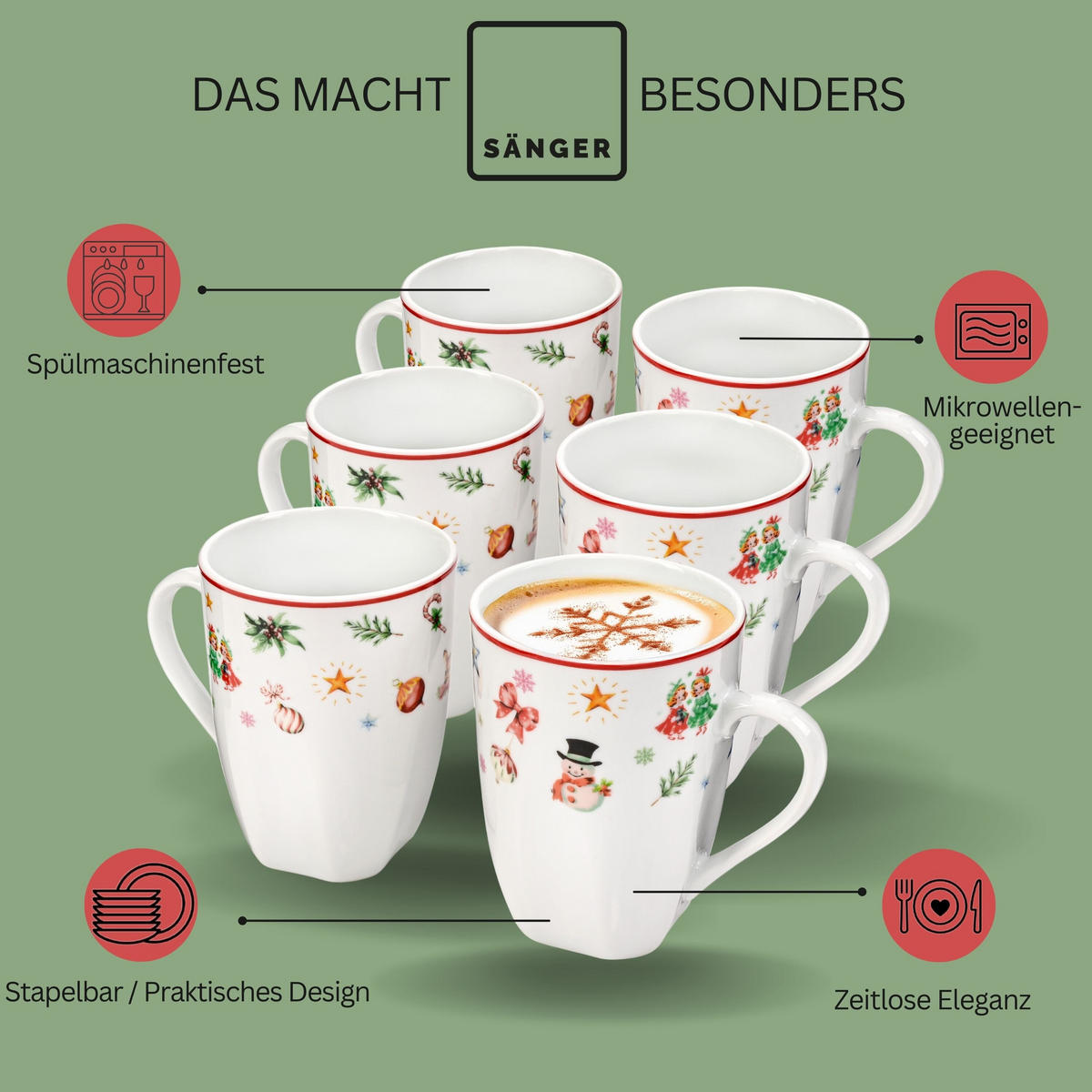 KAFFEEBECHER SET BILGOLA CHRISTMAS DESIGN - 6 teilig aus Porzellan - Weiß, Keramik (0.4L) - Sänger