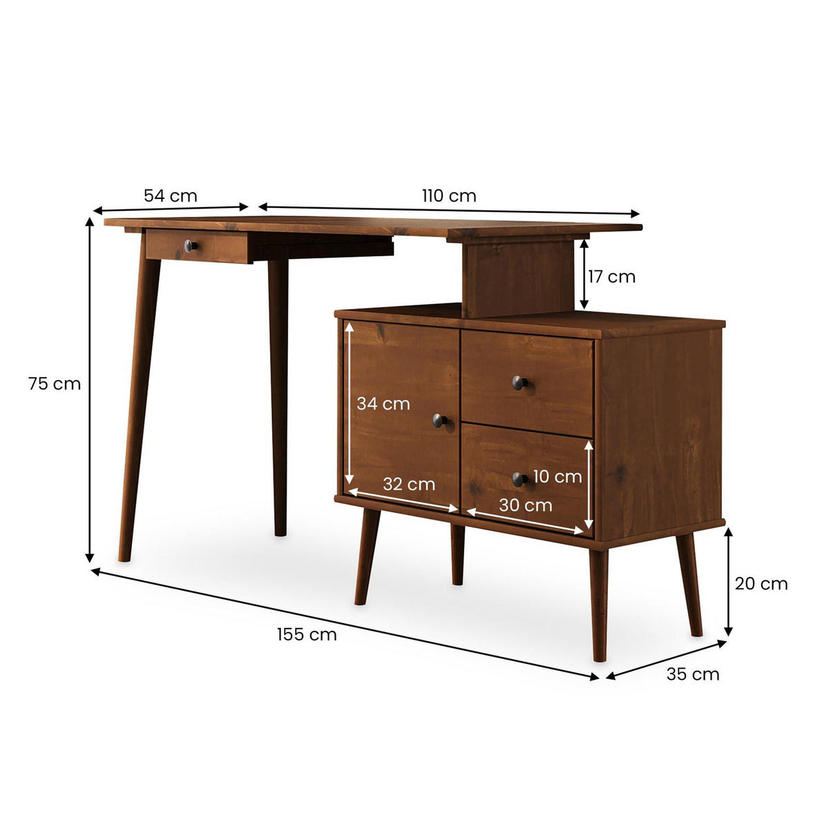 SCHREIBTISCH ANGOLO Kastanie - Kastanienfarben, Holz (54/155/75cm) - IDIMEX