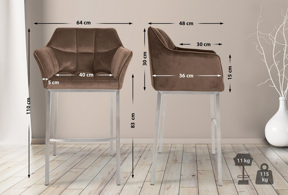 BARHOCKER 2er Set Samt Braun - Edelstahlfarben/Braun, Textil (64/110/48cm) - CLP