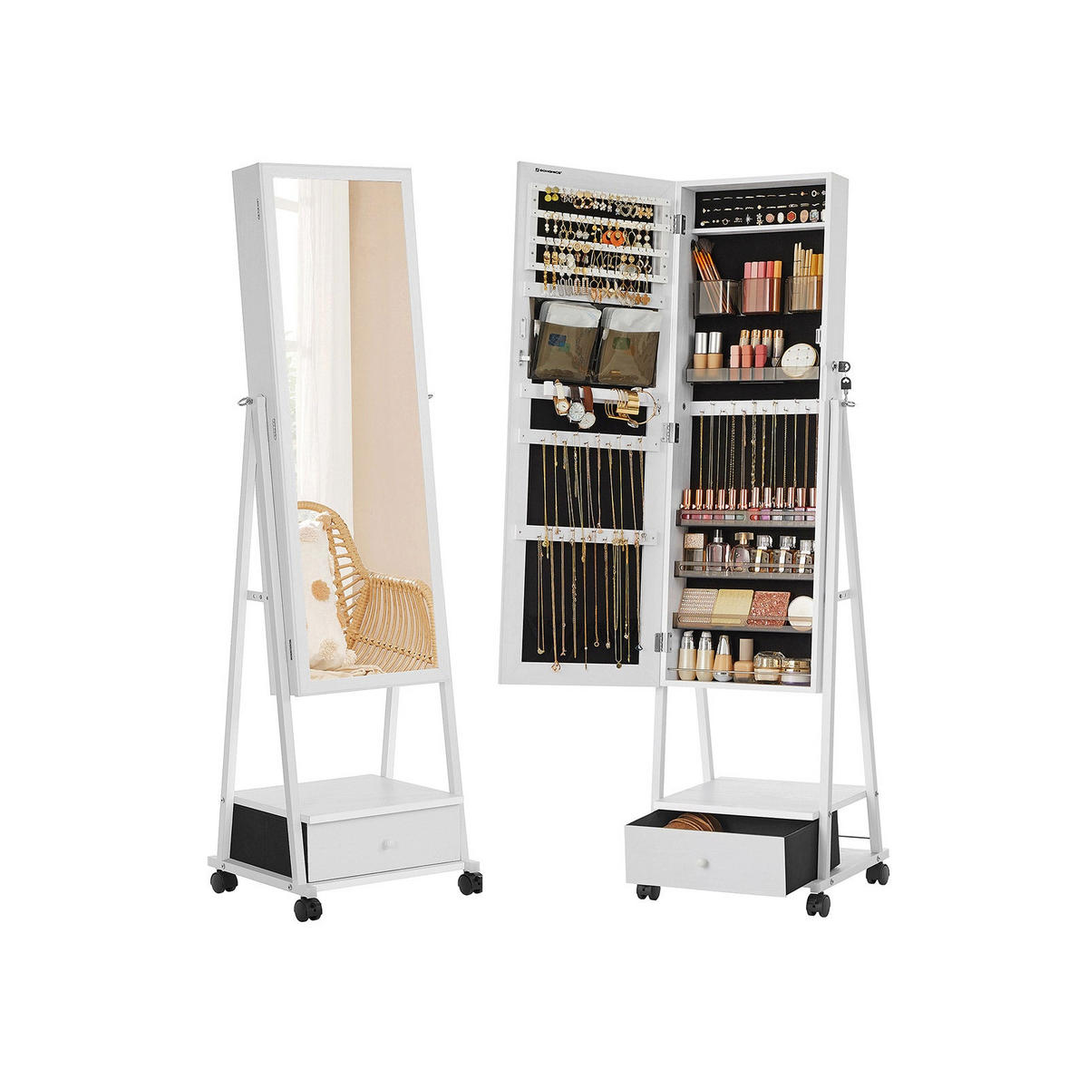 SCHMUCKORGANIZER GANZKÖRPERSPIEGEL - Weiß, Holzwerkstoff (37/41.5cm) - Hansiro