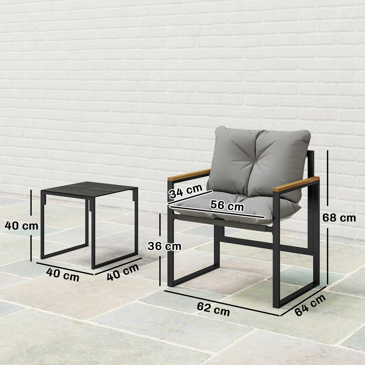 BALKONSET DE-14214 2 Sessel mit Kissen und Glastisch Grau - Grau, Metall - ComfortXL
