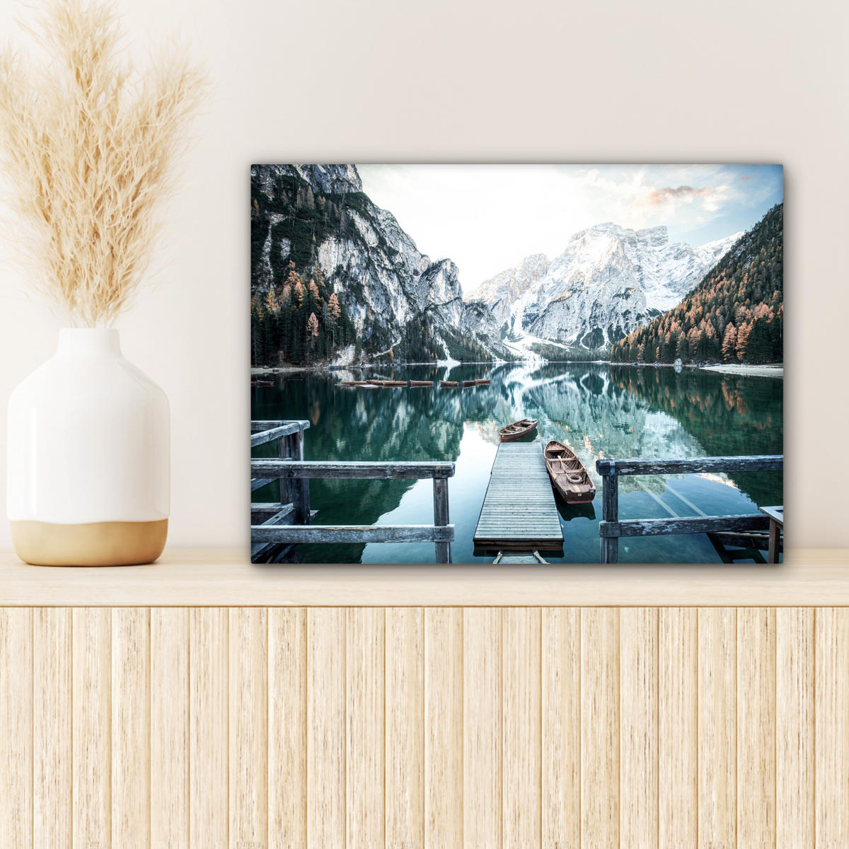 LEINWANDBILD Natur - Berge - Schnee - Wald - Boot 40x30 cm - Hellgrün, Textil (40/30cm) - MuchoWow