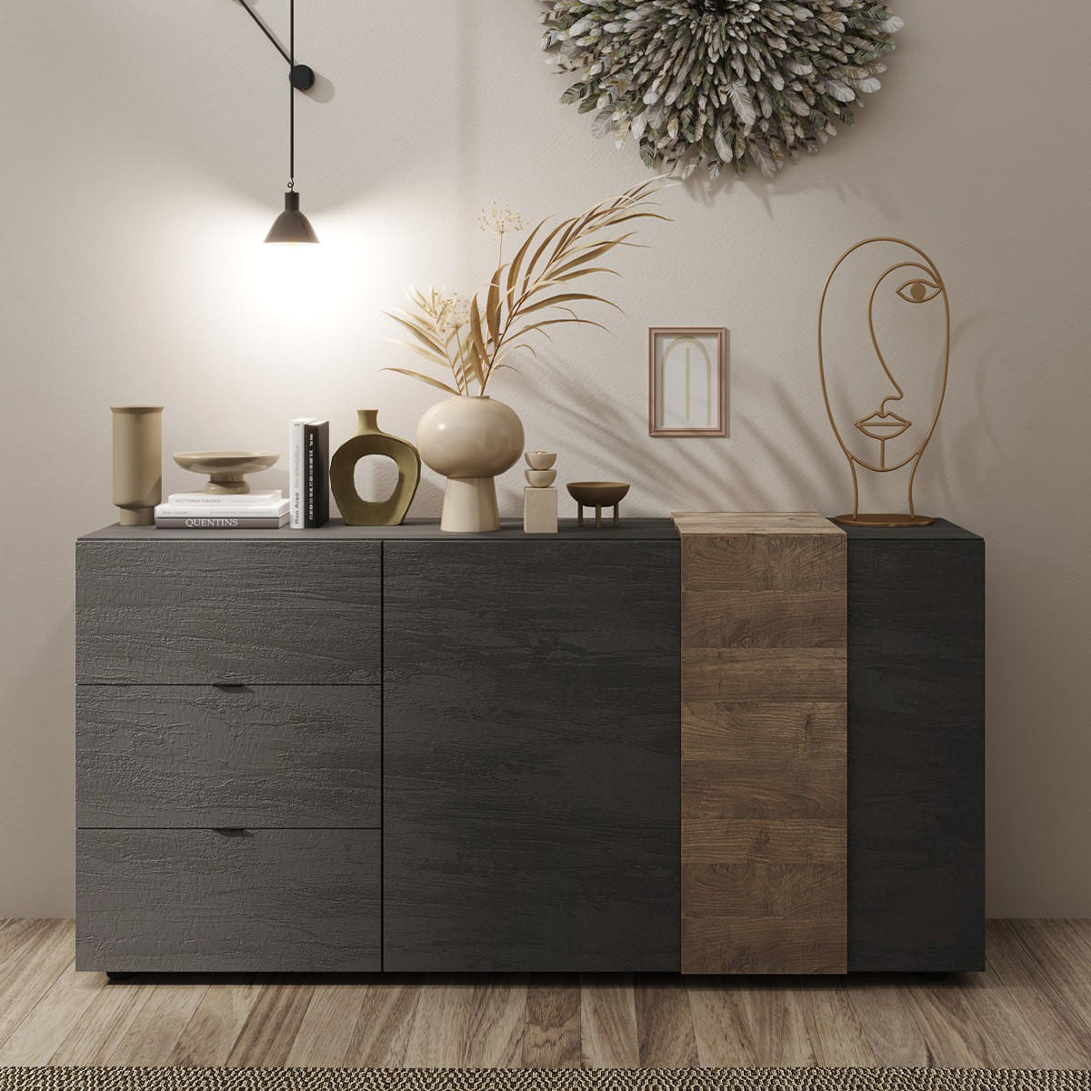 BUFFET 2 Türen 3 Schubladen L181 cm - Pluton - Nussbaumfarben, Holzwerkstoff (44/84/181cm) - Calicosy