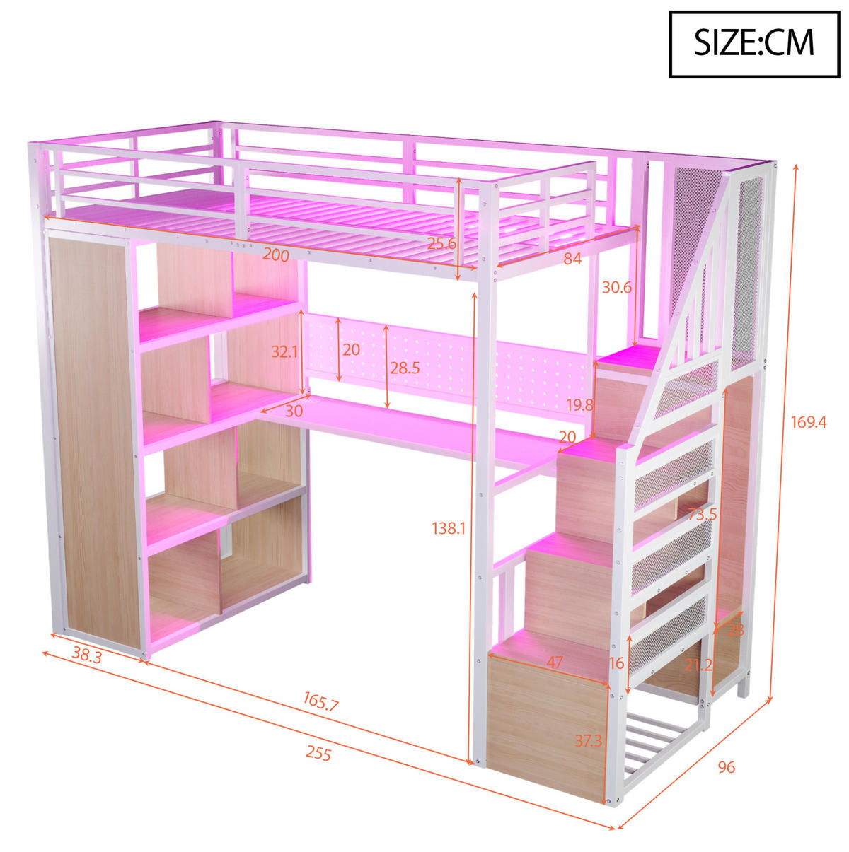 VYSOKÁ posteľ 90/200 cm biela z kovu a dreva s písacím stolom LED osvetlením a úložným priestorom - biela, kov (90/200cm) - OKWISH