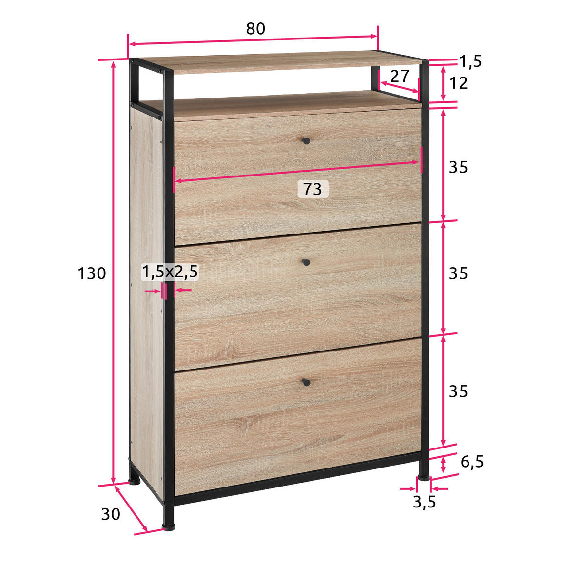 SCHUHSCHRANK Buffalo,inklusive Kippschutz, 81 x 32 x 130 cm,Industrial Holz hell, Eiche Sonoma - Naturfarben, Holzwerkstoff (32/130/81cm) - tectake
