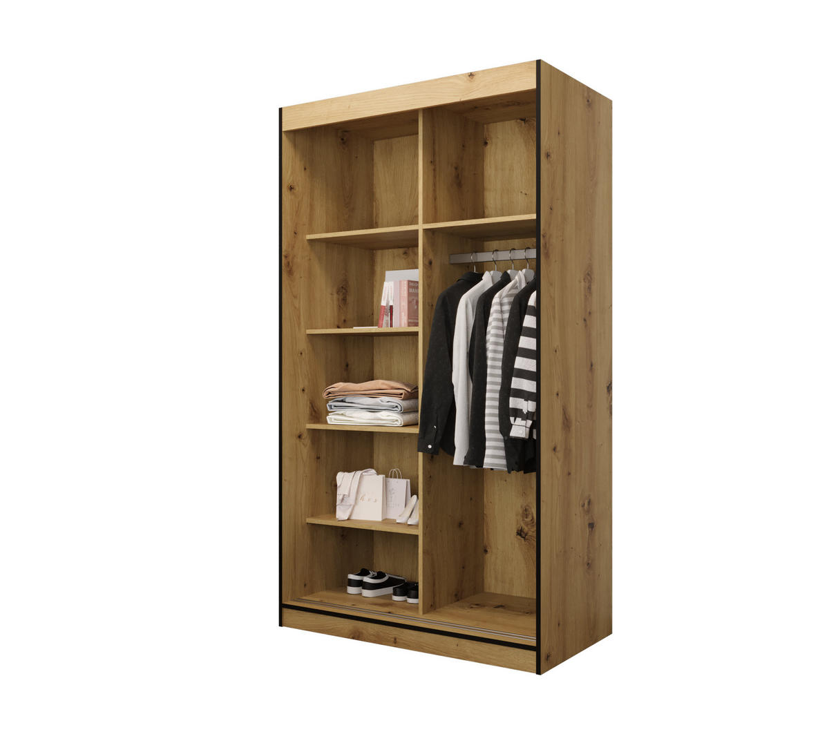SCHIEBETÜRENSCHRANK MODENA 2 120, 2-türig Kleiderschrank mit 1 Spiegel, Moderne Garderobe, Schrank in Größe: 120 x 216 x 65 cm - Schwarz/Braun, Holzwerkstoff (120/216/65cm) - O-Sofa