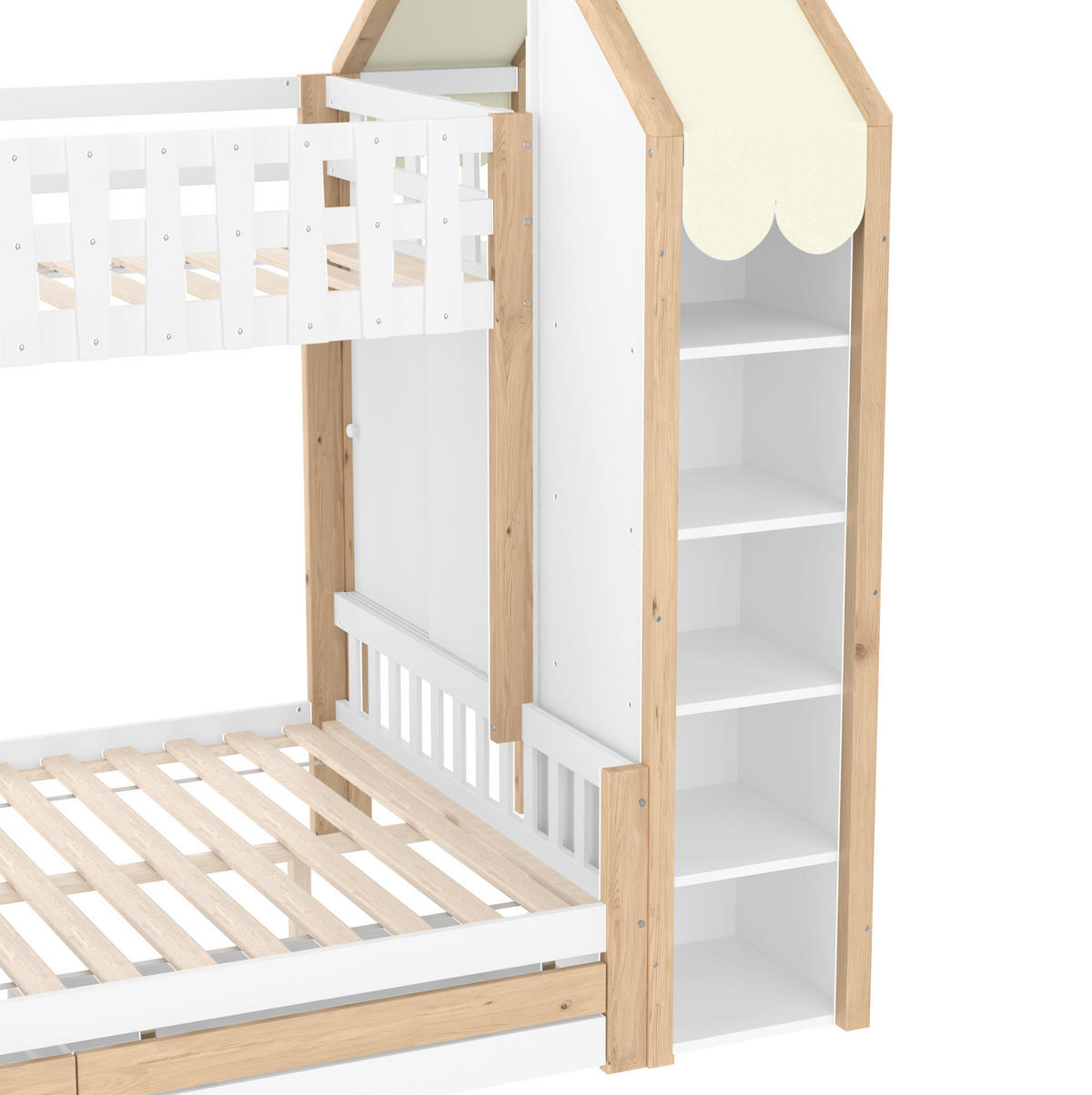 ETAGENBETT 90/200 cm + 140/200 cm weiß mit zwei Schubladen und Hausdach - Weiß, Holz (90/200cm) - OKWISH
