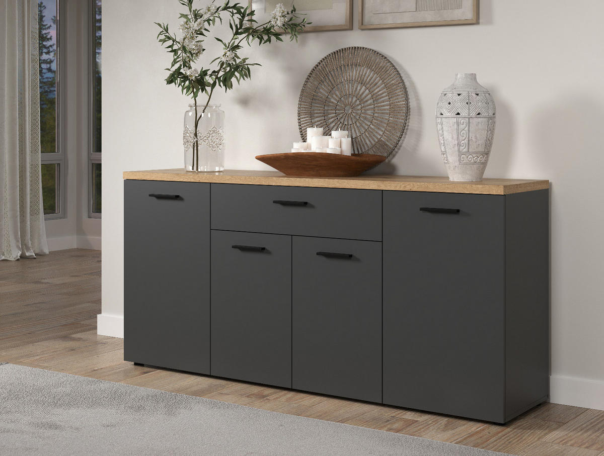 SIDEBOARD grau, Evoke Eiche 180 cm 4-türig, TV Unterteil in modernem Design - Eichefarben/Anthrazit, Holzwerkstoff/Kunststoff (180/85/42cm) - Top.Furn