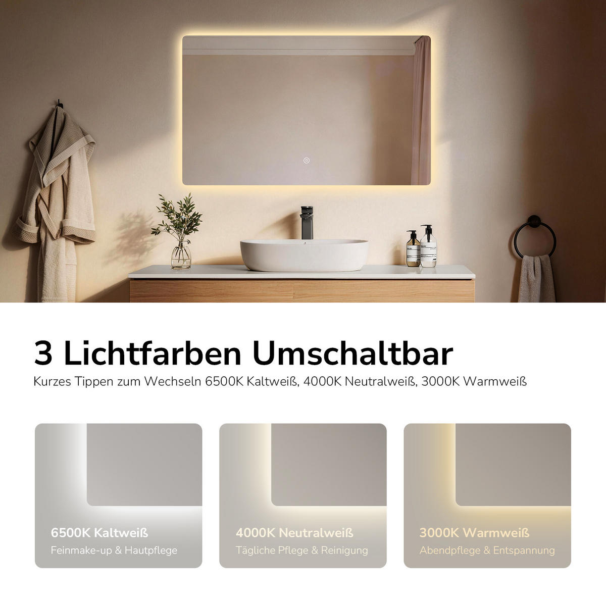 BADSPIEGEL mit Touch-Schalter Beleuchtung Rechteckig 100/60 cm - Weiß, Glas (60/3/100cm) - EMKE