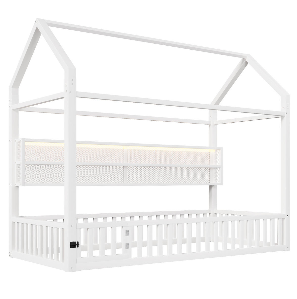 HAUSBETT 90/200 cm weiß aus Metall mit LED-Beleuchtung und Sicherheitszaun - Weiß, Metall (90/200cm) - OKWISH