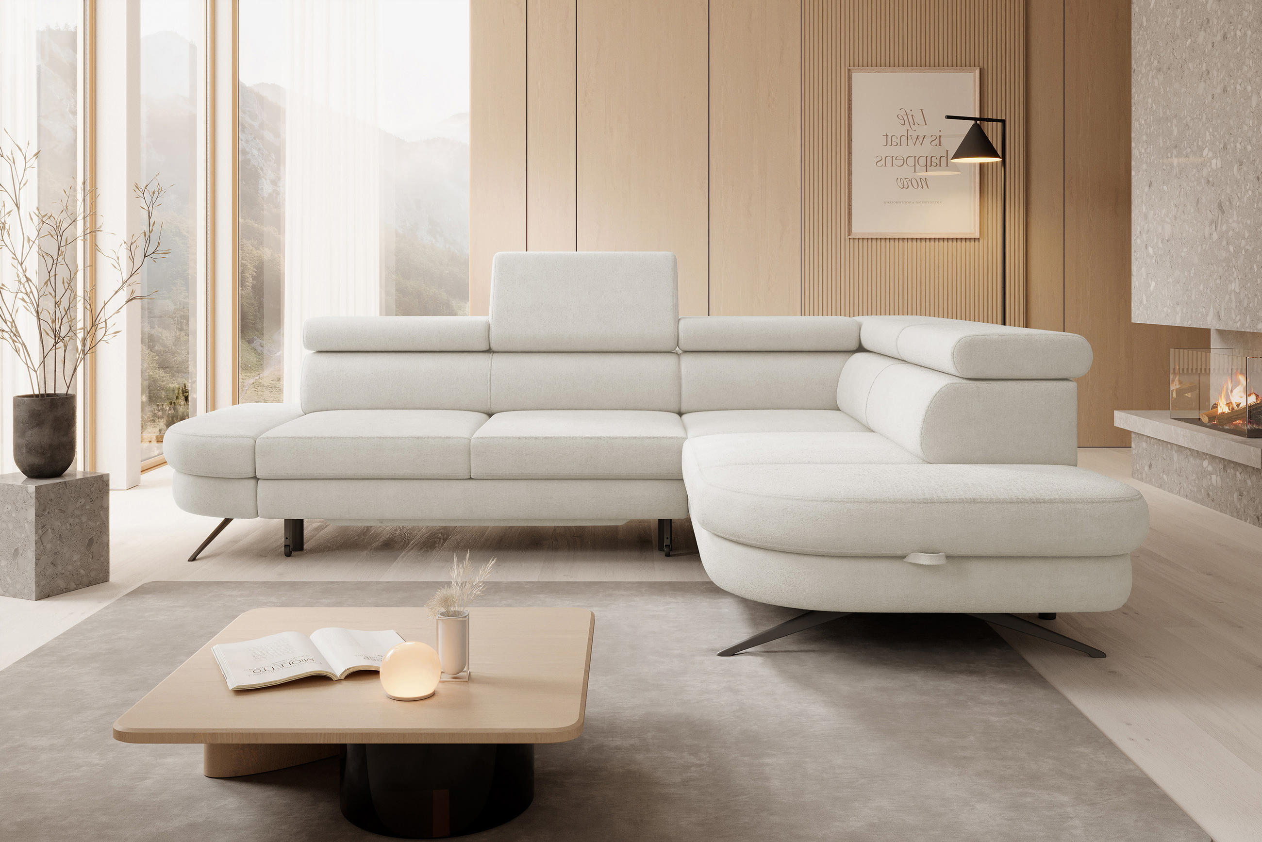 ECKSOFA OTIS L-förm, Schlaffunktion, verstellbare Kopfstützen, in AURORA-Stoff, lose Rückenkissen, freistehend, RECHTS 276x218x97 cm White - Weiß, Holz/Textil (276/218cm) - DomoHome