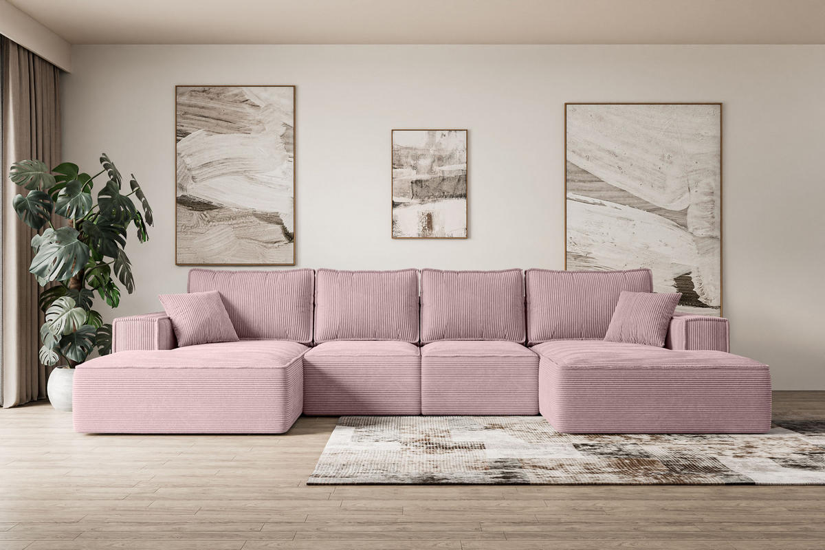 WOHNLANDSCHAFT mit Schlaffunktion und Bettkasten SIERRA-U-S - 349x161x87 cm Rosa Cord - Schwarz/Rosa, Holzwerkstoff/Kunststoff (349/87/161cm) - ALTDECOR