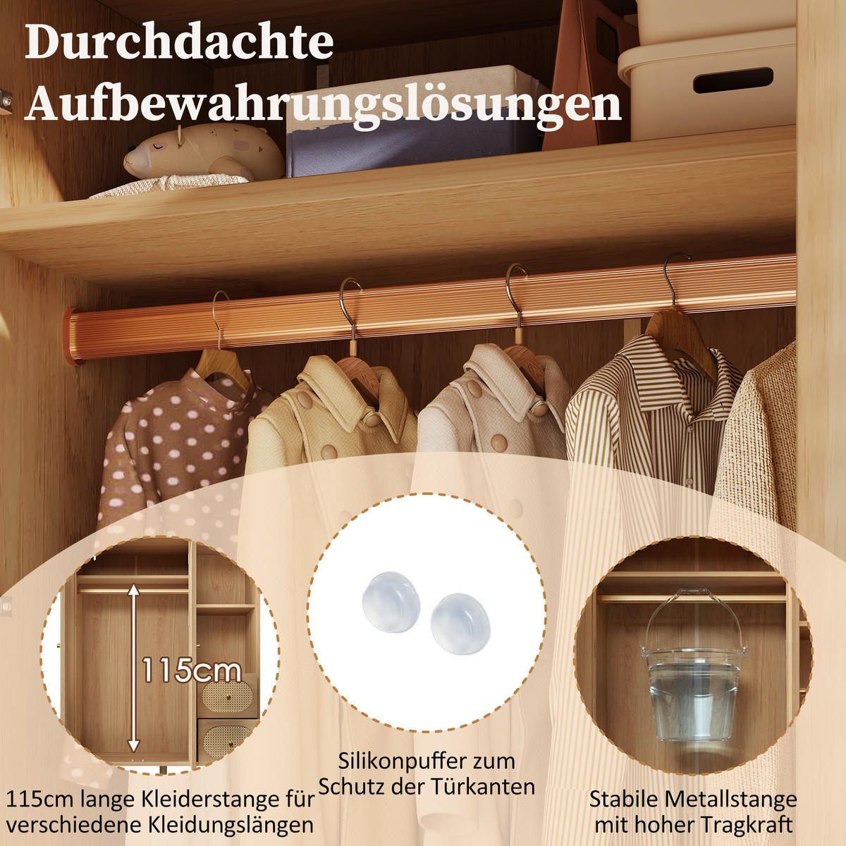 KLEIDERSCHRANK aus Holz 44x120x161 cm Eiche mit 2 Türen, 2 Schubladen, Kleiderstange und offenen Fächern im Landhausstil - Nussbaumfarben, Holzwerkstoff (120/161/44cm) - Modfu