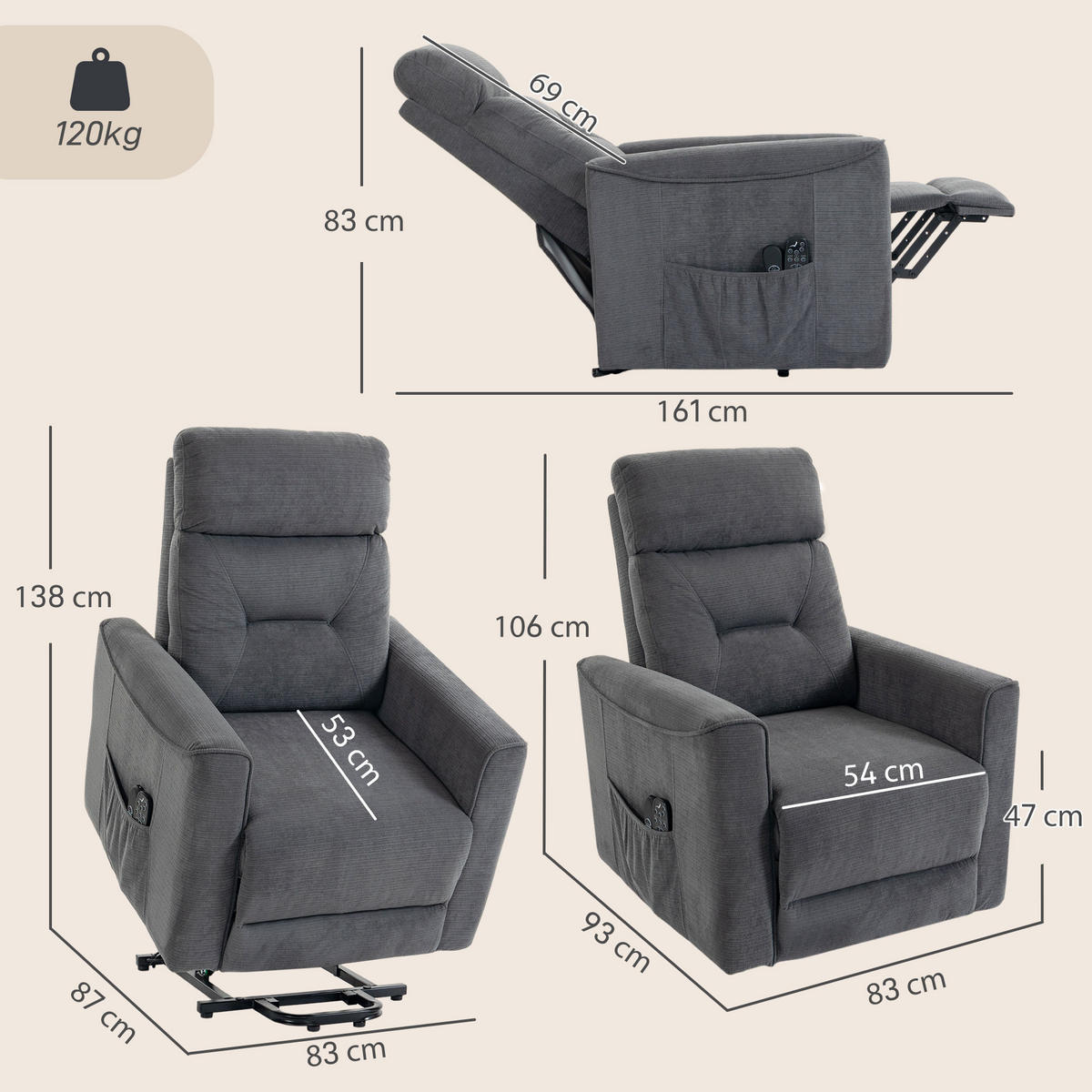 RELAXSESSEL mit Aufstehhilfe Polyester Dunkelgrau - Greige/Dunkelgrau, Textil/Metall (83/106/93cm) - HOMCOM