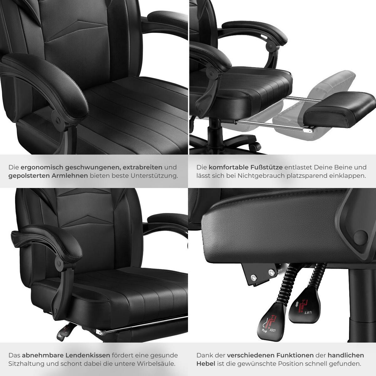 RACING BÜROSTUHL Comodo,inklusive Lendenkissen, Belastbarkeit 120 kg,schwarz/schwarz - Schwarz, Textil (70/127.5/69cm) - tectake