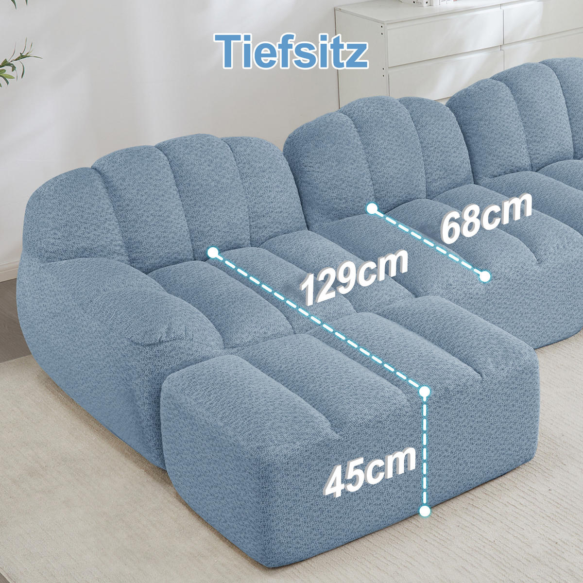 3-SITZER Sofa 288×104×79 cm Granuliertes Fleece rahmenlos modular, blau - Blau, Textil (104/79/288cm)