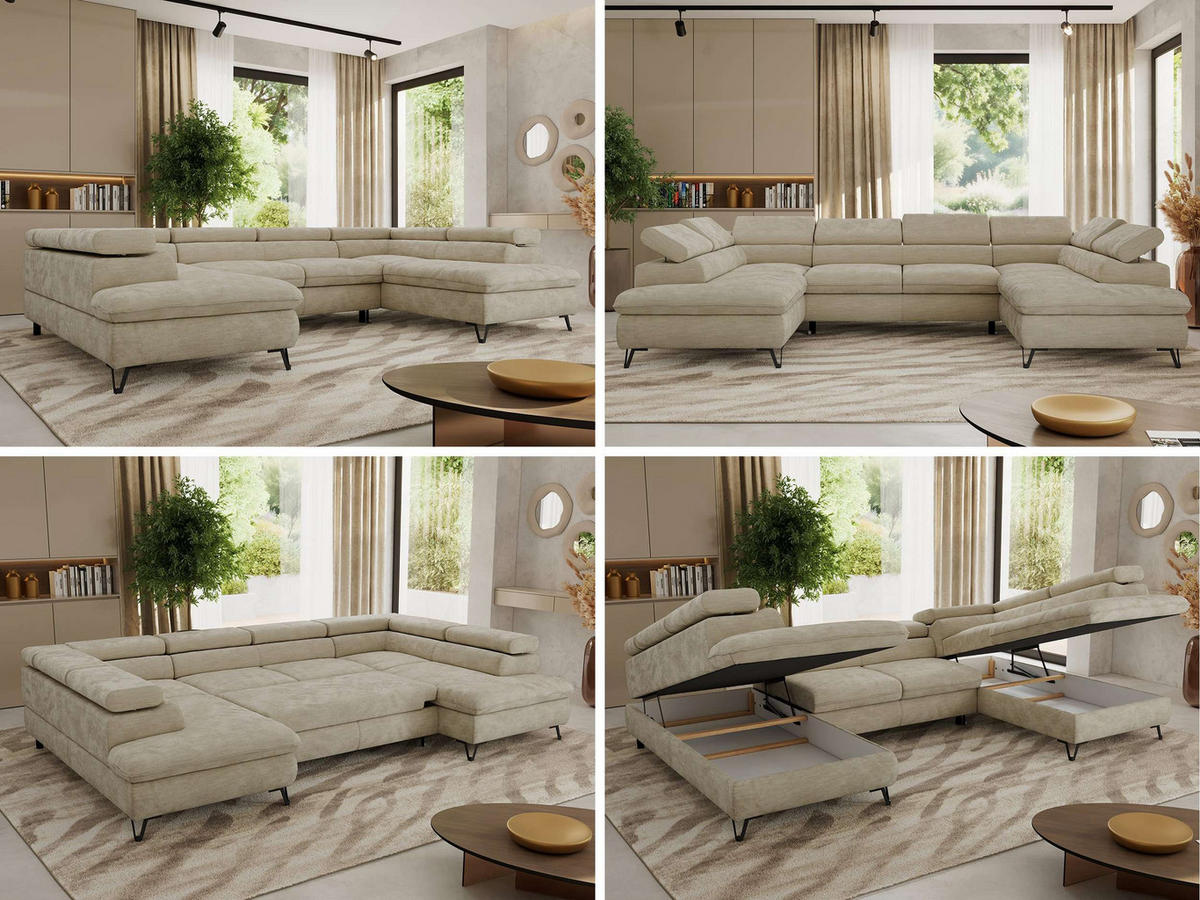 WOHNLANDSCHAFT PABLO U Schenille glatt Beige - Beige/Schwarz, Textil/Metall (346/76/208cm) - MKS