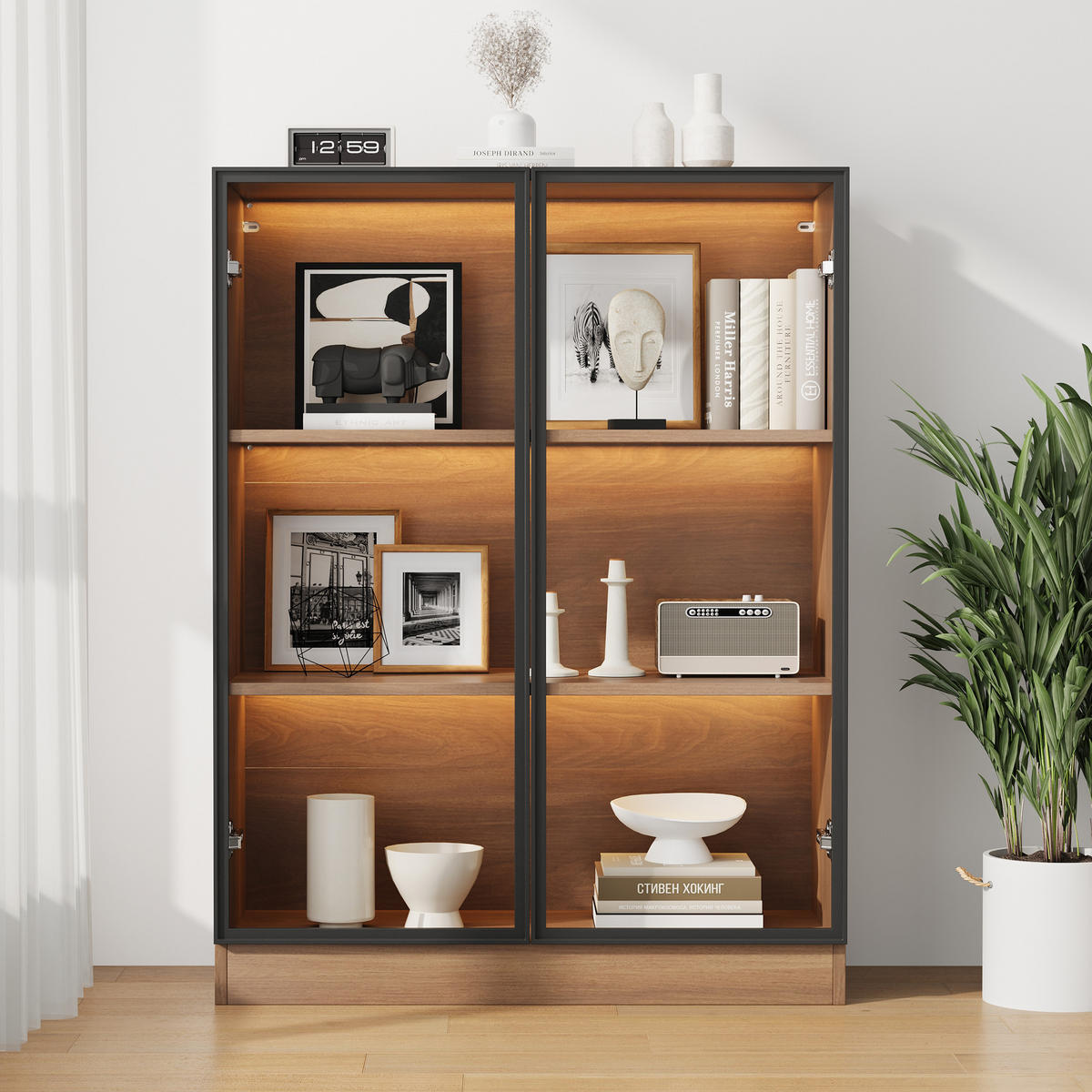 VITRINENSCHRANK Natur Glas LED 3 Böden 80x32x106cm - Walnussfarben, Holzwerkstoff (32/106/80cm) - FLIEKS