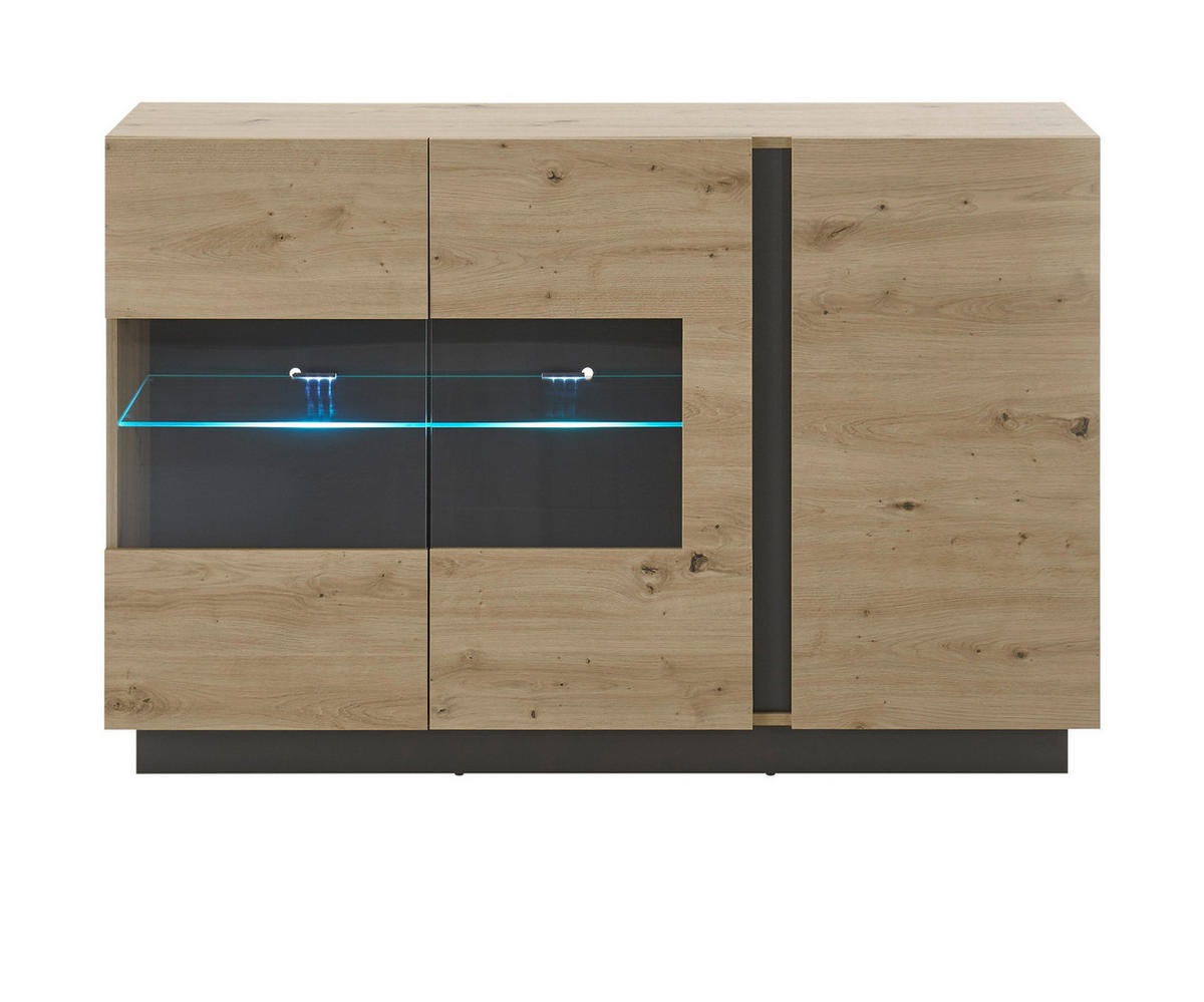 SIDEBOARD Eiche Artisan, Graphit grau 138 cm, Kommode mit Soft-Close - Eiche Artisan/Grau, Glas/Holz (138/91/40cm) - Furn.Design