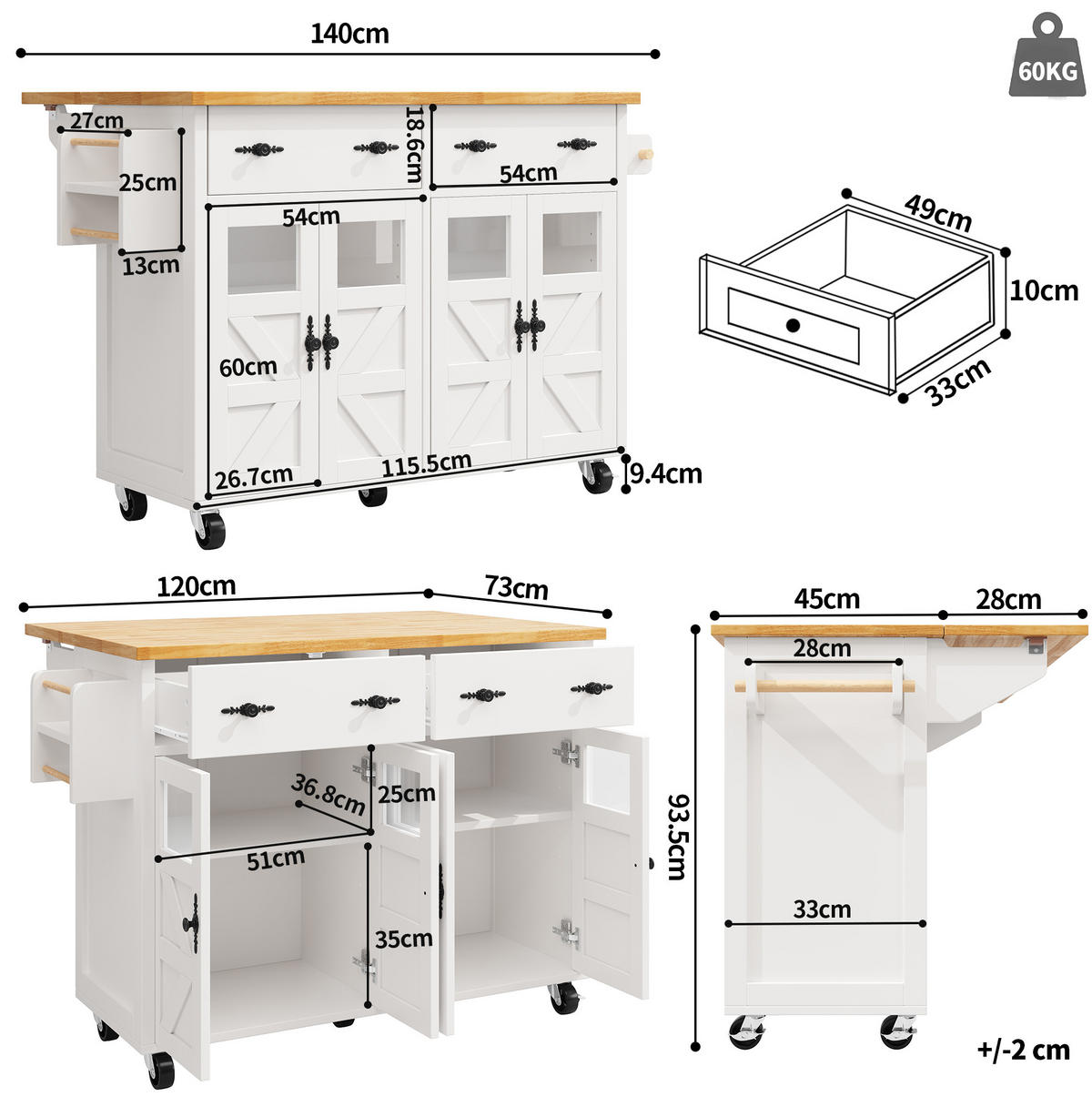 KÜCHENWAGEN aus MDF mit Ausziehplatte & Glastüren, 140/45/73/93,5 cm, Weiß - Weiß, Holzwerkstoff (140/93.5/45cm) - Redom