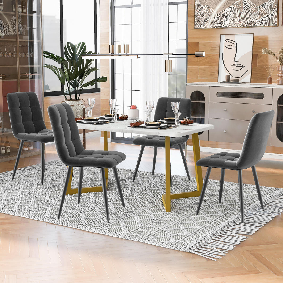 ESSZIMMER-SET 5-teilig mit rechteckigem Tisch 117×68 und vier grauen Samtstühlen mit Metallbeinen als moderner Küchentisch, weiß-grau - Grau, Holzwerkstoff (68/75/117cm) - Luhomfu