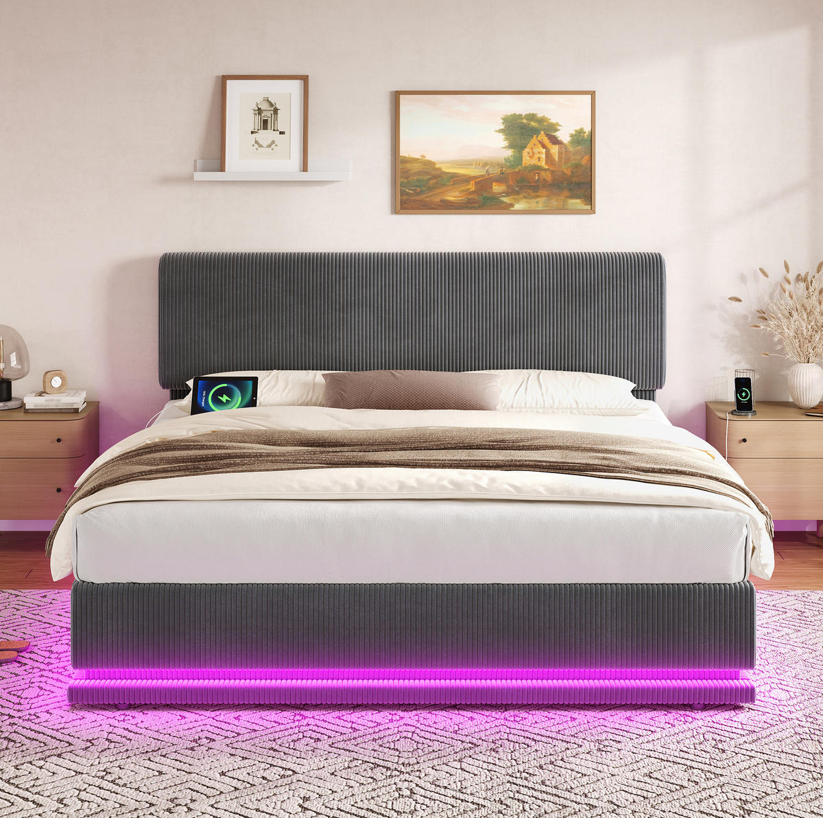 POLSTERBETT mit LED und USB-C 140x200 cm Cord Dark Grey - Dunkelgrau, Metall (140/200cm) - Meubliv