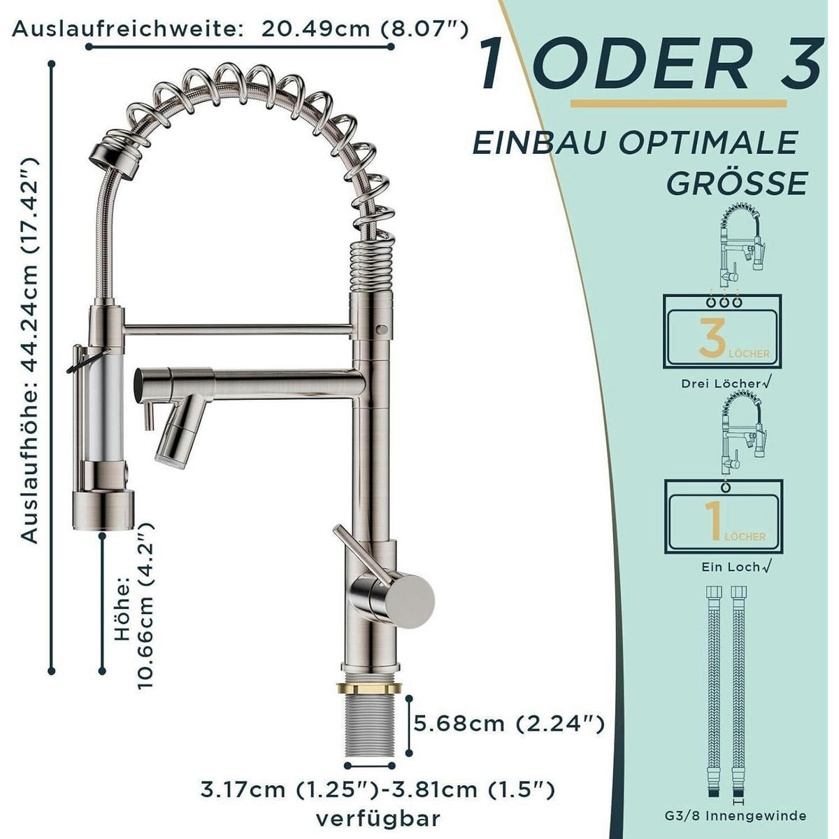 KÜCHENARMATUR Edelstahl mit LED und 360° Schwenkbarkeit - Silberfarben, Metall (20.5/10.7/44.2cm)