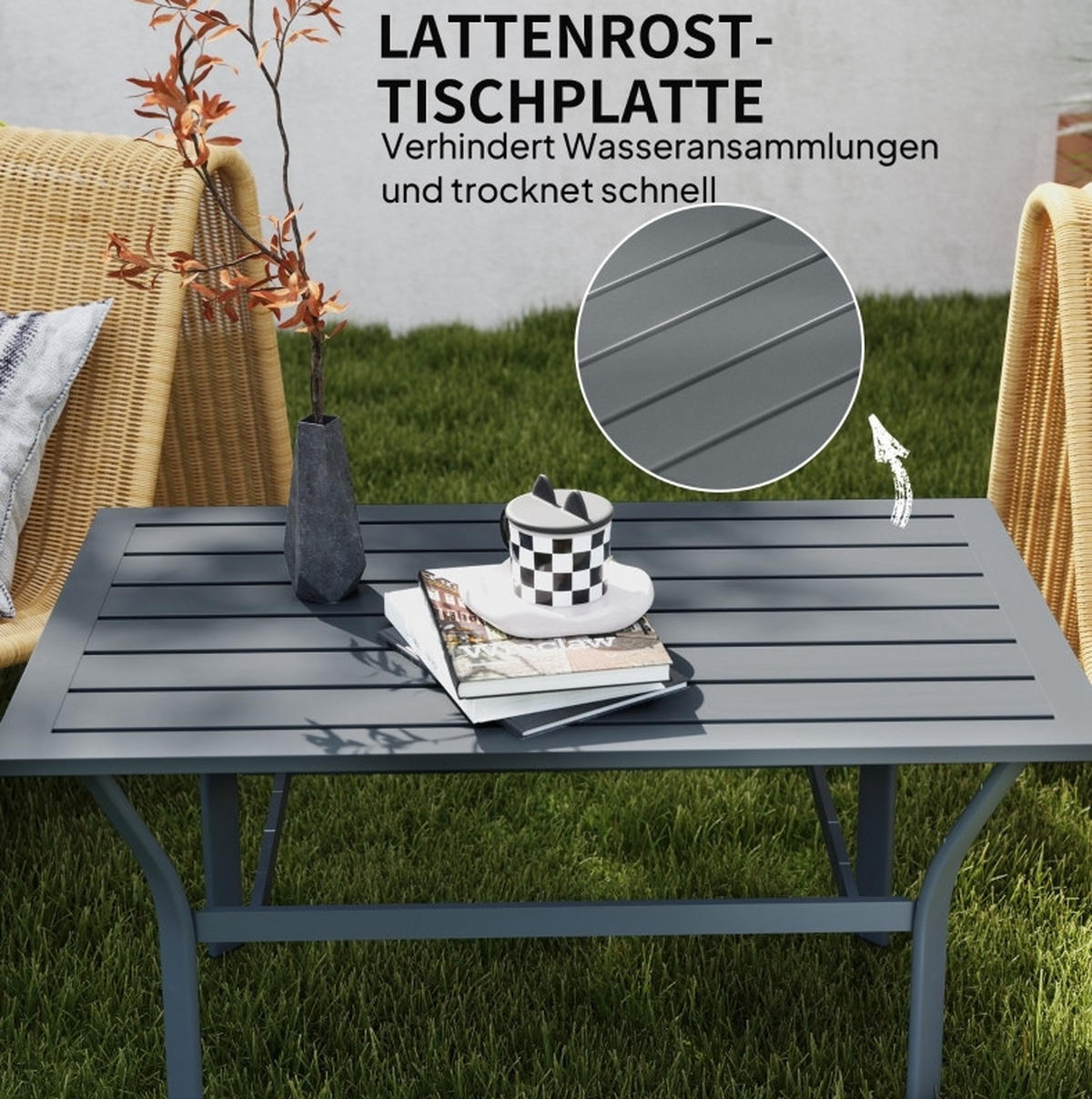 GARTEN-BEISTELLTISCH 91,5/55/45 cm aus Metall mit Latten-Design und wetterfester Oberfläche, Dunkelgrau - Naturfarben, Metall (91.5/55/45cm) - Redom