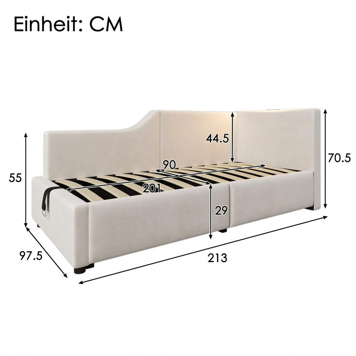 POLSTERBETT 90/200 cm Beige mit Leselichtfunktion und USB-C-Ladefunktion - Beige, Holz/Textil (90/200cm) - Oxeza