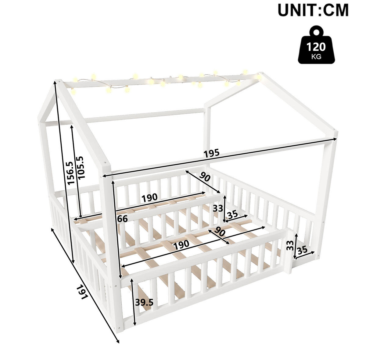 KINDERBETT 90/190 cm, teilbar zum 180/190 cm Bett, mit LED, Hausform und Rundum-Schutzgitter, Kiefer massiv, Weiß - Weiß, Holz (90/190cm) - Redom