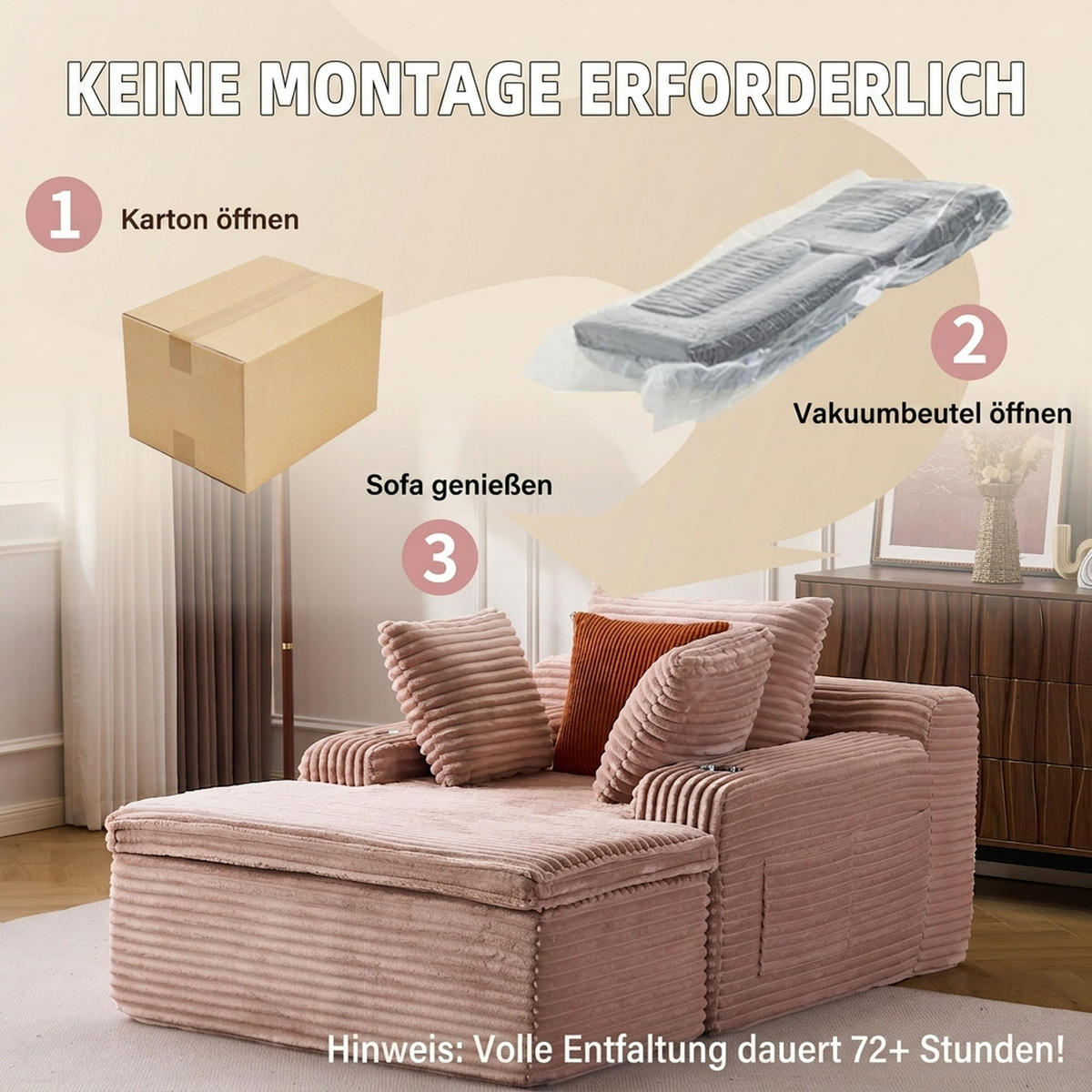 SCHLAFSOFA 165/112/63 cm Rosa mit Chaiselongue, 3 Kissen und 1 Decke - Rosa, Textil (112/63/165cm) - Oxeza