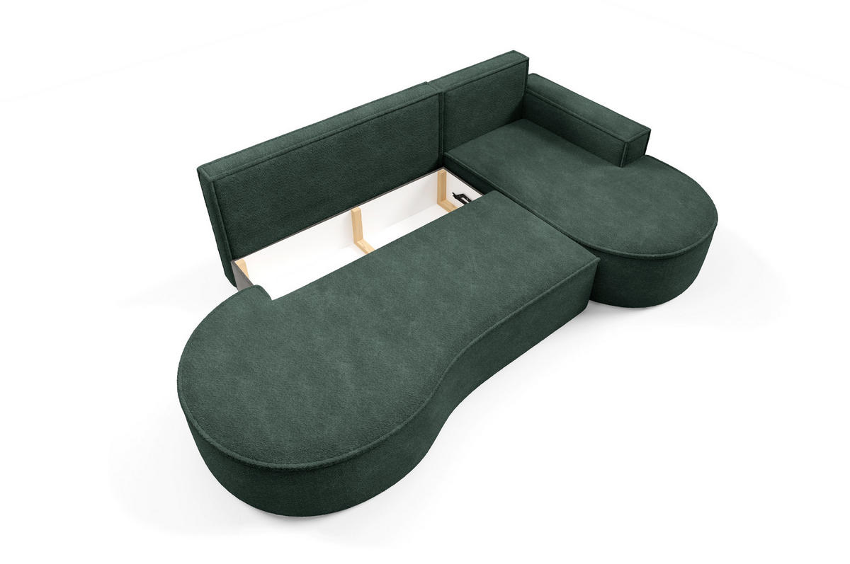 ECKSOFA MOLLY mit Schlaffunktion – Halbrund, freistehend, Liegefläche 140x207 cm, 3 Kissen, Curio-Stoff, 277x157x88 cm, Rechts, Grün - Grün, Holz/Textil (277/157cm) - DomoHome