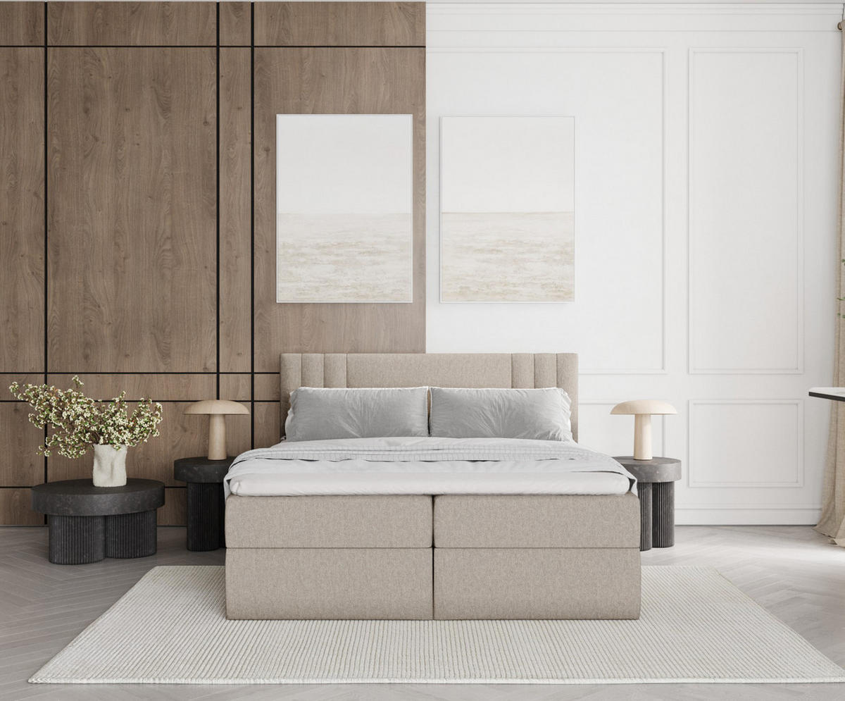 BOXBETT Mallo Beige 160/200 cm mit Matratze und Topper - Beige/Schwarz, Holz/Holzwerkstoff (160/200cm) - Maison de Reve