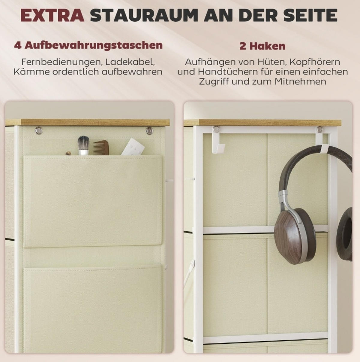 KOMMODE mit 8 Stoffschubladen 86 x 30 x 94,5 cm Stahl Beige - Beige, Metall (30/94.5/86cm) - Meubliv