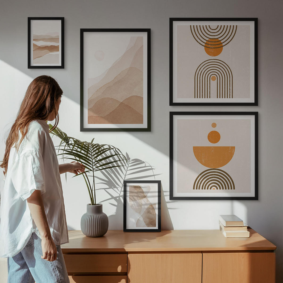 BILDER SET 5er Set - 50x50 cm & 20x30 cm & 40x60 cm Schwarzer Rahmen - Strukturen schattieren Minimalismus - Schwarz, Kunststoff (40/60cm) - TULUP