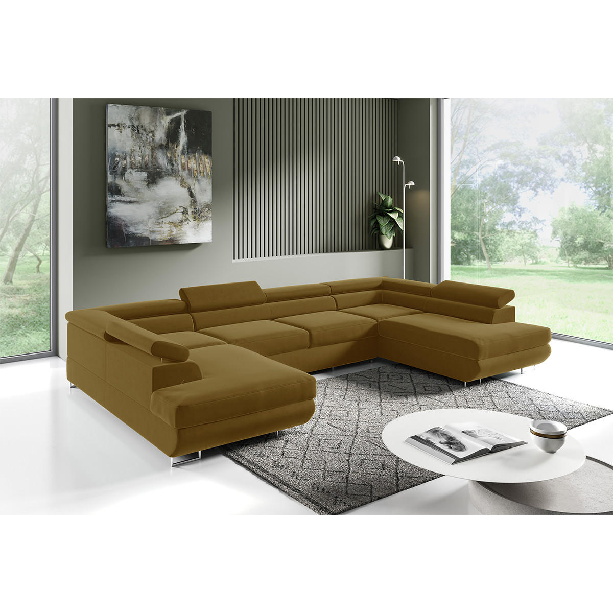 PANORAMASOFA Lyam 5 Sitzplätze Senf - Gelb, Holzwerkstoff (335/72/201cm) - Petits-meubles