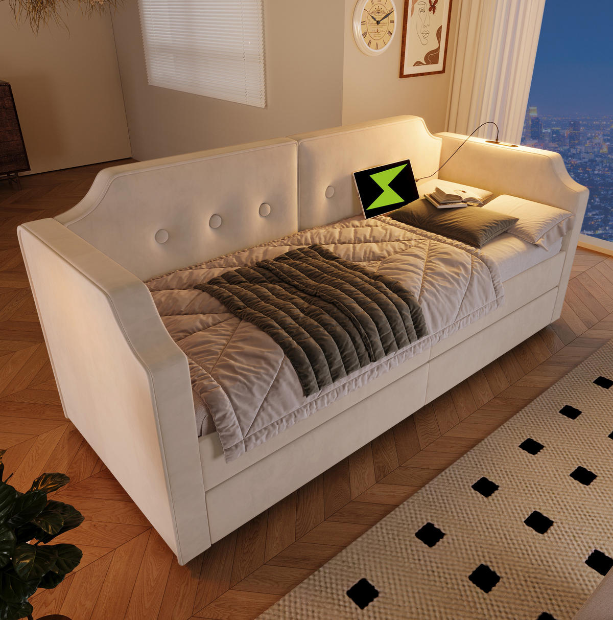SAMT-POLSTERBETT 90/200 cm mit Lattenrost, 2 Schubladen und USB-Type-C - Beige, Textil (90/200cm) - BEAOK