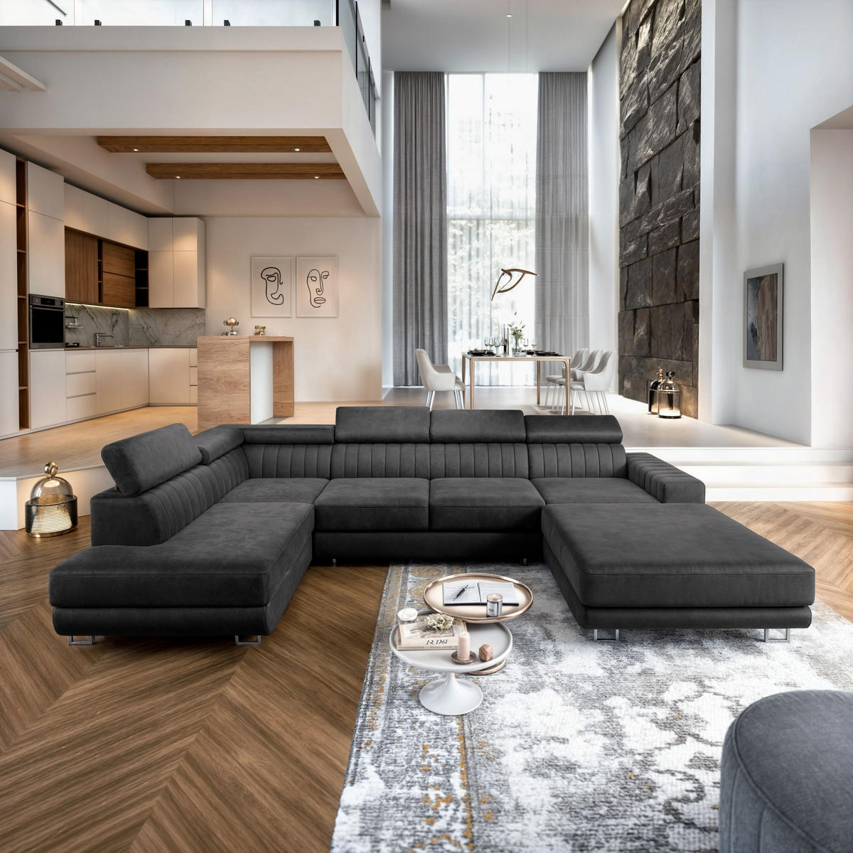 WOHNLANDSCHAFT SIENA R-S Schwarz Velours-Stoff mit Schlaffunktion - Schwarz, Holz (335/89/202cm) - MASSENO