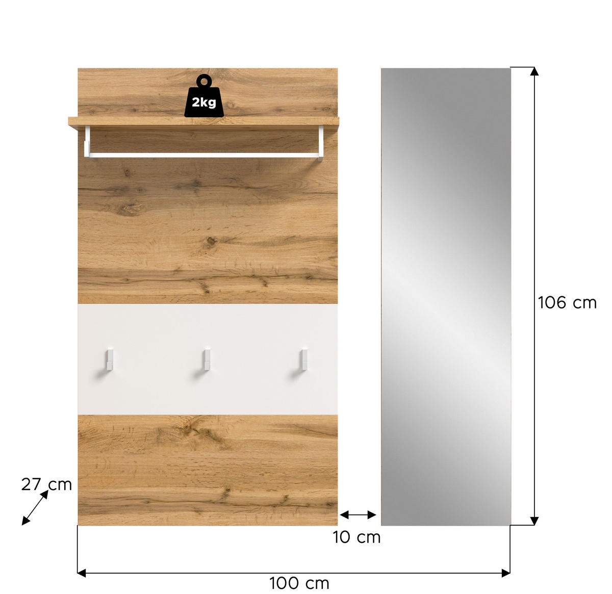PANEEL mit Spiegel JAM (B/H/T: ca. 90/106/27 cm) in Wotan Eiche Nachbildung/weiß - Eichefarben, Holzwerkstoff (90/106/27cm)