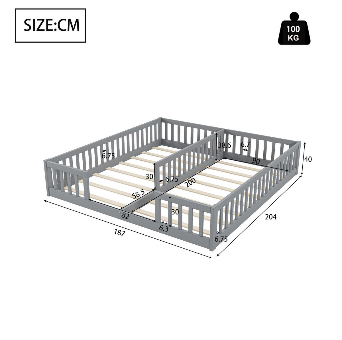 KINDERBETT 90/200 cm Grau aus Kiefernholz und MDF mit Sicherheitsgitter und Lattenrost - Grau, Holz (90/200cm) - OKMYHOME