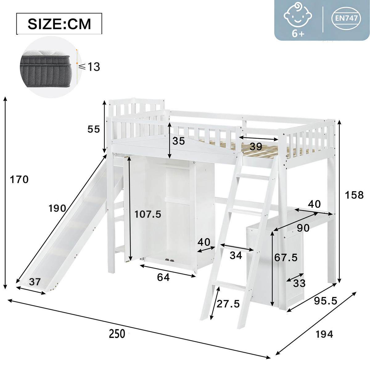HOCHBETT 90/200 cm Weiß mit Rutsche, Tisch und Kleiderschrank ohne Matratze - Weiß, Holz (90/200cm) - MIVRAY