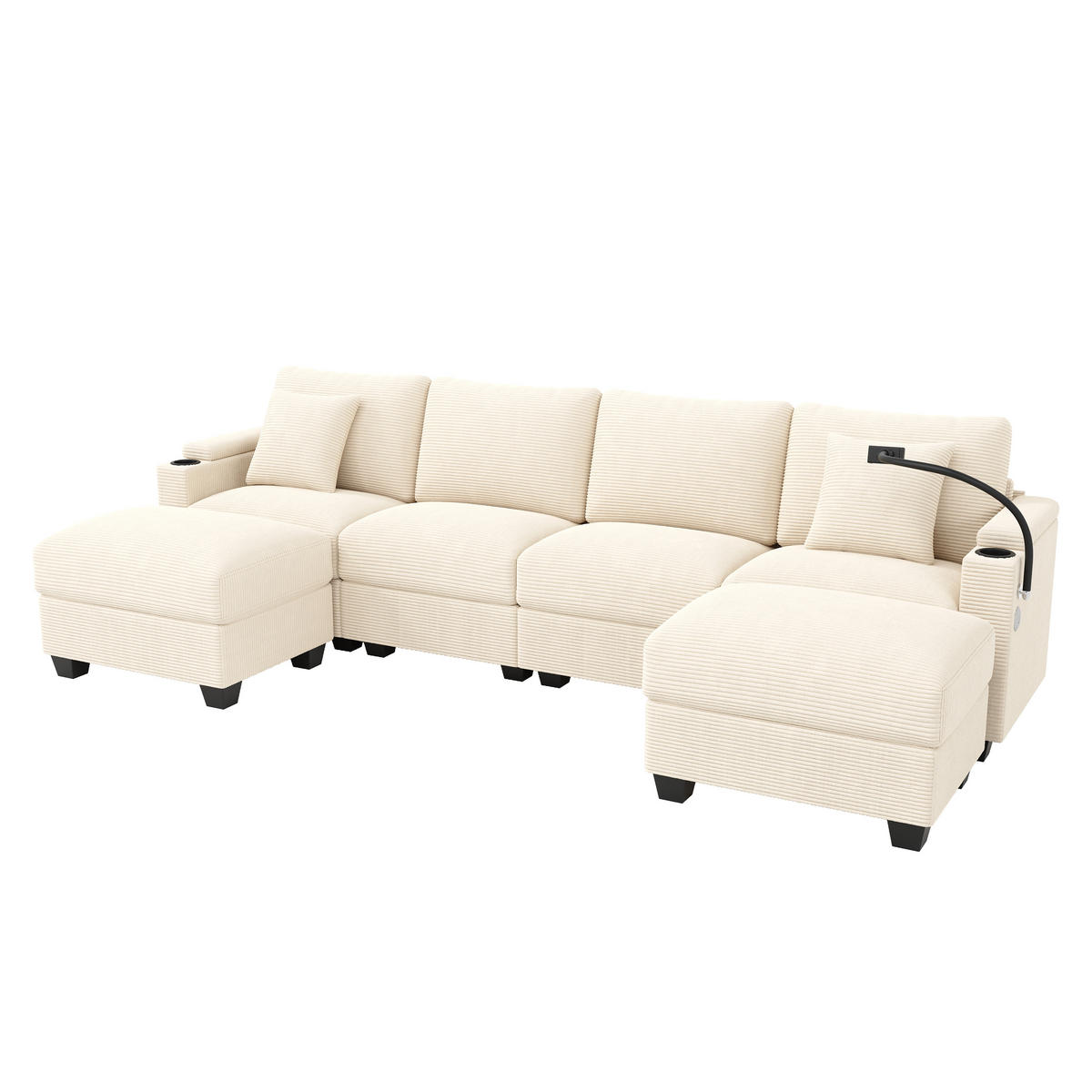 ECKSOFA 275.5/139/87 cm Beige mit Schlaffunktion, Handyhalter und USB-Ladeanschluss - Beige, Textil (275.5/139cm) - Oxeza