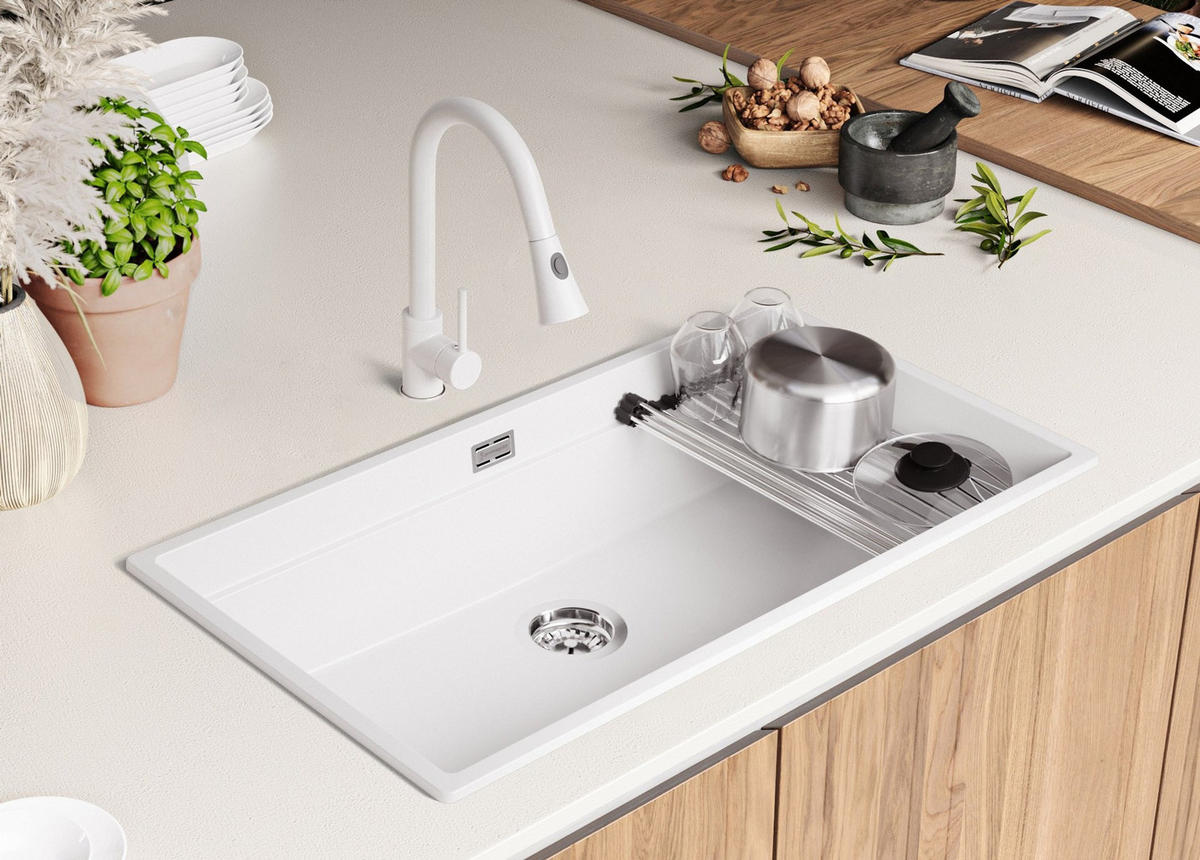 GRANITSPÜLE Praga Slim, 2-er set Weiß 86/47 cm 1 Becken + Küchenarmatur 38/14 cm + Ablauf-Set + Aufrollbare Abtropffläche ab 90er Unterschrank - Chromfarben/Weiß, Kunststoff (86/20/47cm) - Primagran