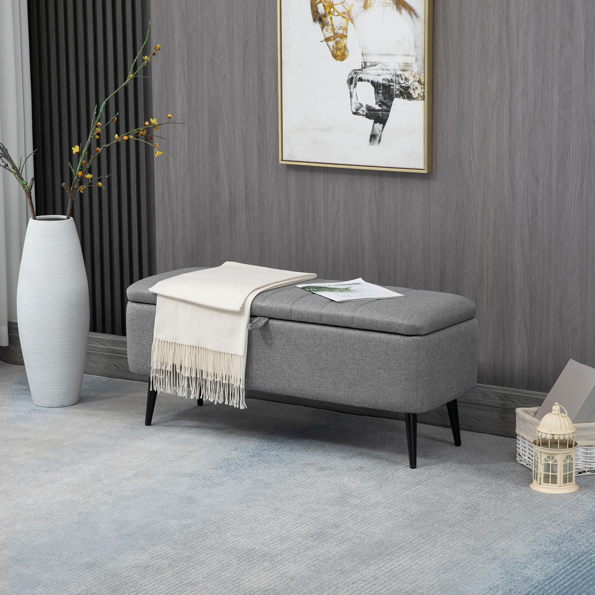 SITZBANK mit Stauraum Polsterbank mit Leinenoptik, Sitztruhe mit Stahlbeine - Grau, Kunststoff (40/44/102cm) - HOMCOM