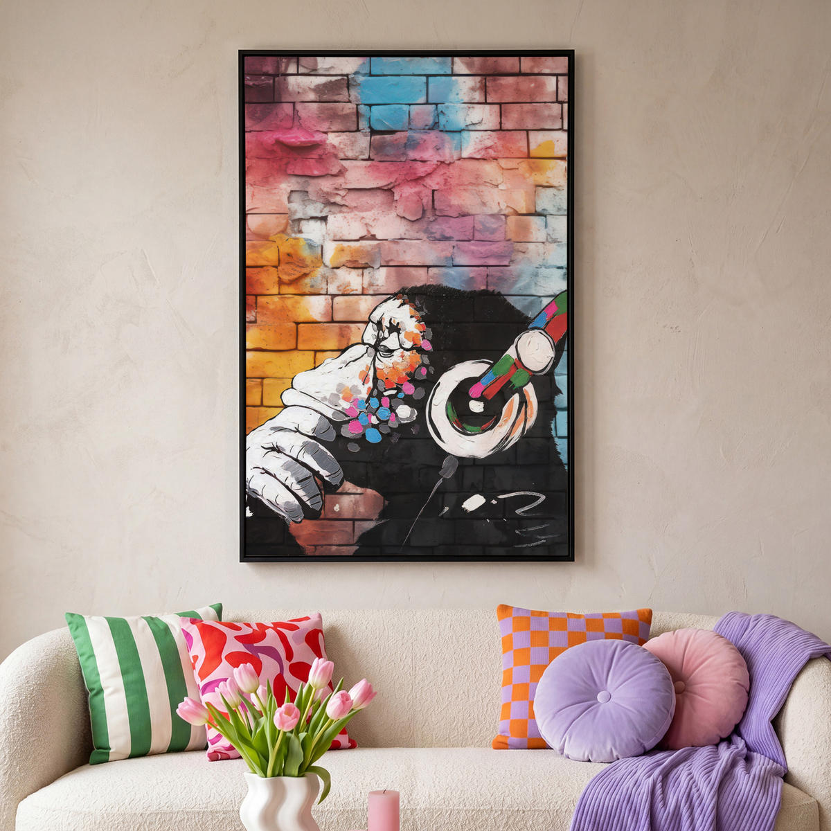 LEINWAND Bilder mit Rahmen - Affe - Graffiti - Musik - 100x150 - Multicolor, Textil (100/150cm) - MuchoWow
