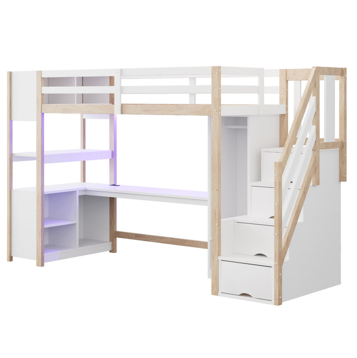 HOCHBETT 90/200 cm aus Massivholz und MDF mit Schreibtisch, Kleiderschrank und LED Weiß/Natur - Naturfarben, Holz (90/200cm) - Modenvie