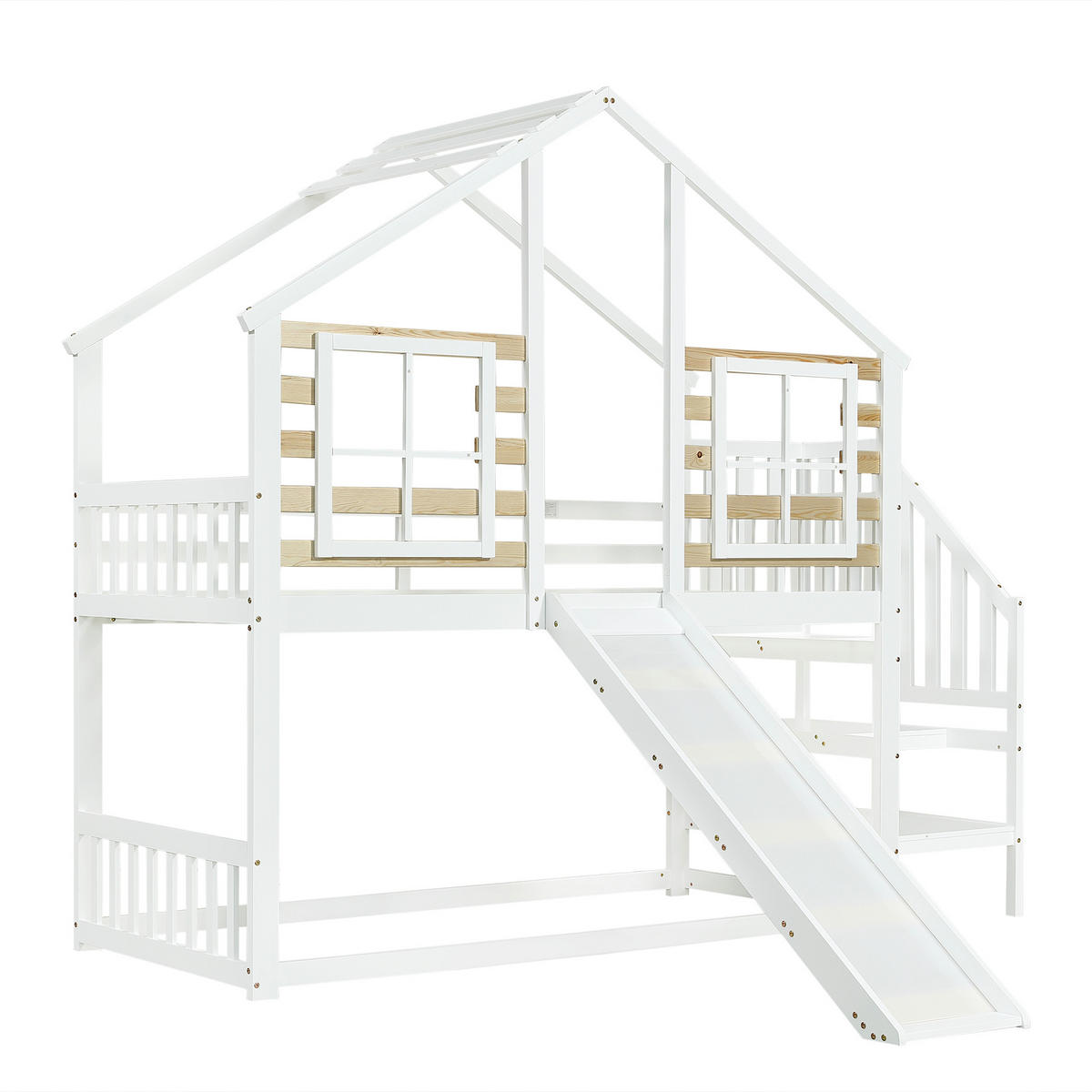 ETAGENBETT Blockhaus mit Rutsche Weiß - Naturfarben, Holz (90/200cm) - ComfortXL
