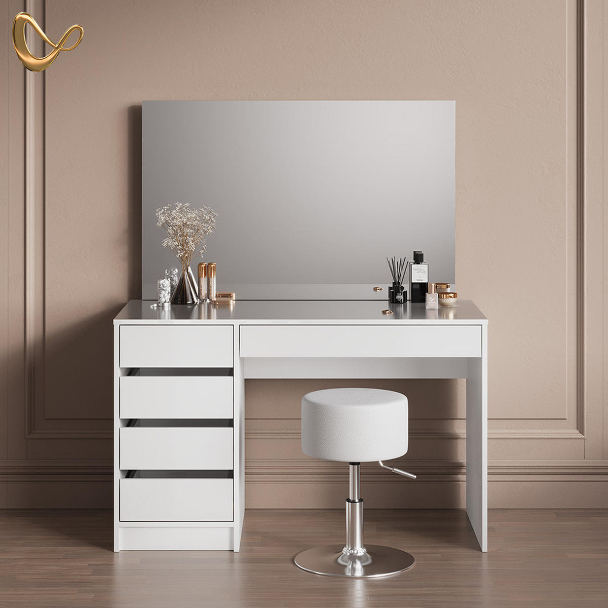 SCHMINKTISCH-SET Imola Weiß 120 cm mit Hocker - Weiß, Holzwerkstoff (120/75/55cm) - Livinity®